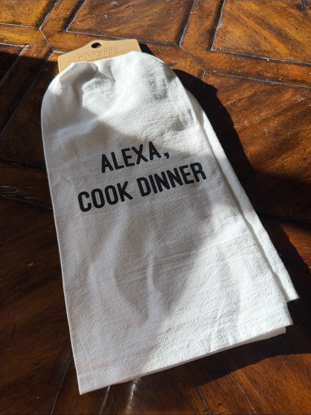 White Kitchen Towel with Black Text - 'Alexa, Cook Dinner'